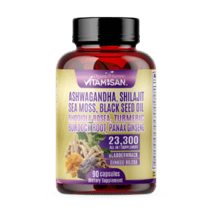 AASHAWANDA-FRONTAL.png Vitamisan Ultra Vitality Complex – 23,300mg Mega Blend with Ashwagandha, Shilajit, Sea Moss, Black Seed Oil + 12 Super Adaptogens