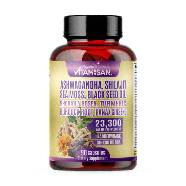 AASHAWANDA-FRONTAL.png Vitamisan Ultra Vitality Complex – 23,300mg Mega Blend with Ashwagandha, Shilajit, Sea Moss, Black Seed Oil + 12 Super Adaptogens