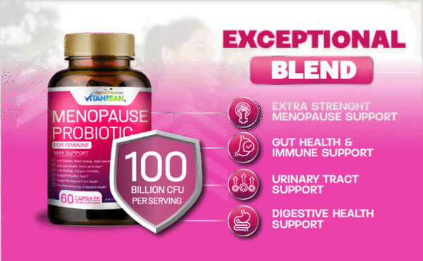 Menopause Probiotic for Women – 100 Billion CFU | Natural Hormone Balance, Hot Flash & Mood Relief, Vaginal & Gut Health Support | 4-in-1 Menopause Supplement | Vegan, Non-GMO, USA Made – 60 Capsules