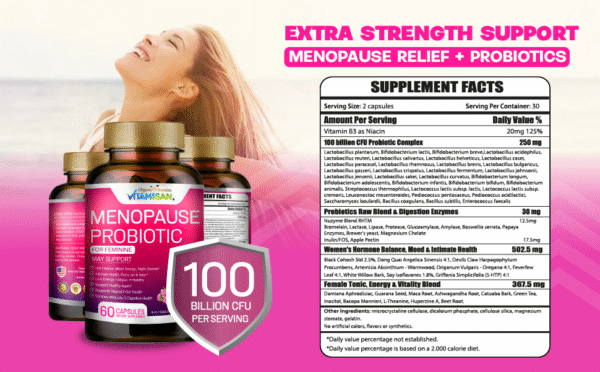 Menopause Probiotic for Women – 100 Billion CFU | Natural Hormone Balance, Hot Flash & Mood Relief, Vaginal & Gut Health Support | 4-in-1 Menopause Supplement | Vegan, Non-GMO, USA Made – 60 Capsules