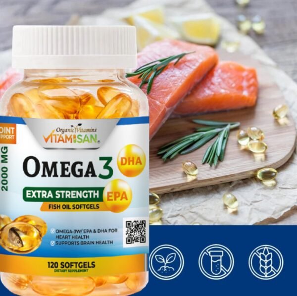 Omega 3 Fish Oil Capsules Strength 120 softgels EPA & DHA, Highest Potency VITAMISAN