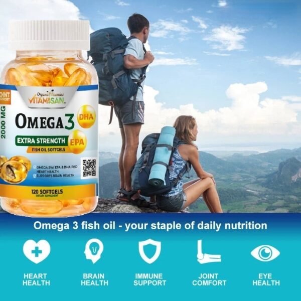 Omega 3 Fish Oil Capsules Strength 120 softgels EPA & DHA, Highest Potency VITAMISAN