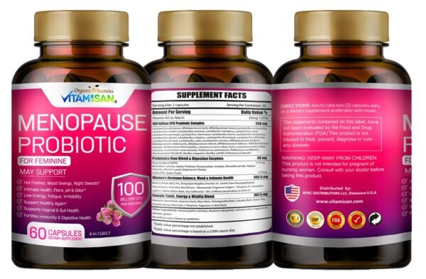 Menopause Probiotic for Women – 100 Billion CFU | Natural Hormone Balance, Hot Flash & Mood Relief, Vaginal & Gut Health Support | 4-in-1 Menopause Supplement | Vegan, Non-GMO, USA Made – 60 Capsules